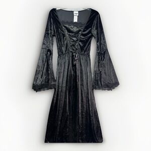 Modern Hero Sexy Witch Black Dress S/M Costume Flared Sleeve Velvet Satin Lace